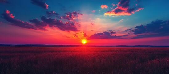 Poster - Beautiful sunset over a field with a bright sky.