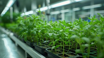 Wall Mural - A wide shot of an agricultural biotech lab, where scientists are studying genetically modified plants to enhance nutrient content and improve food security.