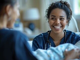 Wall Mural - A smiling nurse talks to a patient. AI.