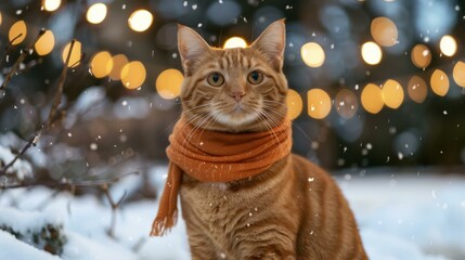 Poster - A cat wearing a scarf stands in the snow. AI.