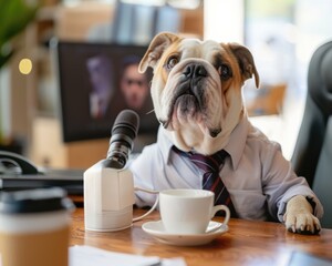 Poster - A bulldog wearing a shirt and tie sits at a desk with a cup of coffee. AI.