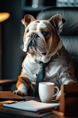 Sticker - A bulldog wearing a tie and shirt sits at a desk with a laptop and a cup of coffee. AI.