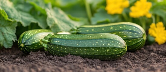 Canvas Print - Three green zucchinis lying on the ground surrounded by leafy greens.