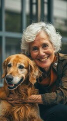 Canvas Print - A woman smiles happily while hugging her dog. AI.