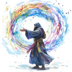 Canvas Print - A man in a robe reaching out towards a swirling vortex of colors.