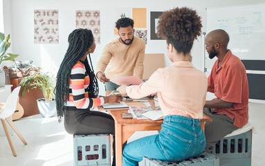 Poster - Creative, startup and business people in meeting with documents for brainstorming, discussion and planning. Professional, diversity and men and women with paperwork for teamwork, research and project