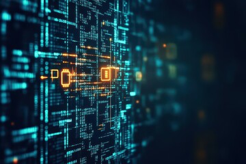 Poster - A maze of binary code, glowing softly against a dark background, side view, representing encrypted data systems, advanced tone, Monochromatic Color Scheme