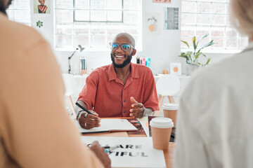 Poster - Teamwork, meeting and planning with business man in office for visual merchandiser, campaign layout or branding. Creative director, idea and consulting with employee for design, launch and project