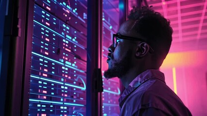 Leinwandbilder - A technician stands intently in front of illuminated server racks, closely inspecting data lights in a contemporary data center during the evening.