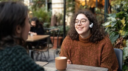 Young woman with hearing aid in lively conversation at trendy cafe, normal social interaction