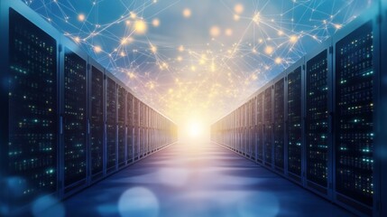 Aufkleber - AI-powered data centers with servers, glowing lights, continuous data processing, futuristic environment, blue and white tones