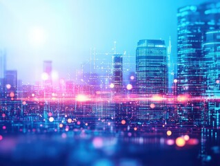 Poster - Abstract city skyline with glowing digital particles and tech patterns close up