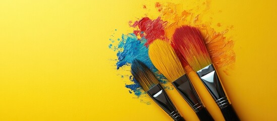 Canvas Print - Three paintbrushes with colorful paint splatters on a yellow background.