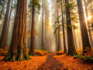 Wall Mural - Majestic redwood trees tower over serene forest path, surrounded by vibrant autumn foliage. soft fog enhances tranquil atmosphere, inviting exploration and reflection