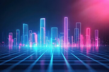 Fototapete - Abstract digital high tech city skyline with glowing neon lights close up, focus on, copy space Futuristic skyscrapers and vibrant colors Double exposure silhouette with city grid