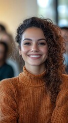 Cheerful woman at an office conference with colleagues in the background, Generative AI