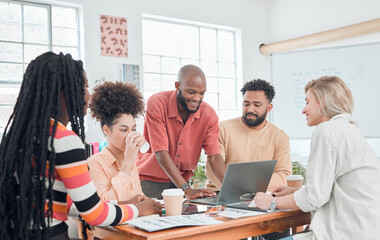 Poster - Laptop, collaboration and workshop with business people in office for visual merchandiser, campaign layout or branding. Creative director, idea and team with employee for design, launch and report