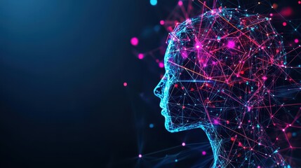 Poster - Abstract human silhouette made from interconnected nodes and data points, vibrant neon light effects, cyberpunk aesthetic, dark background