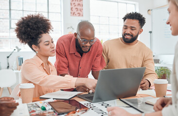 Aufkleber - Laptop, project and workshop with business people in office for visual merchandiser, campaign layout or branding. Creative director, idea and consulting with employee for design, launch and meeting