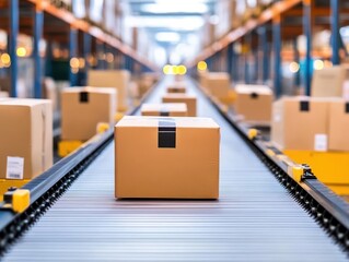 Fototapete - Automated sorting system in warehouse, packages moving on belts, clean design