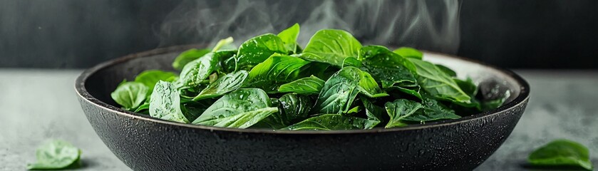 Freshly cooked spinach steaming in a dark bowl, showcasing vibrant green color and healthy texture for culinary inspiration.