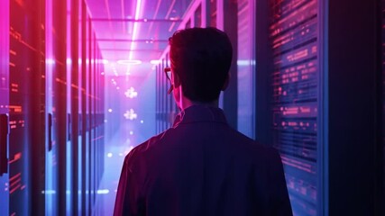 Fototapete - A technician stands in a high-tech data center, overseeing rows of servers highlighted by colorful lights. The atmosphere is dynamic and futuristic, showcasing technology in action.