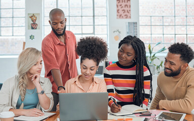 Aufkleber - Teamwork, laptop and design with business people in office for visual merchandiser, campaign layout or branding. Creative director, idea and consulting with employee for planning, launch and project