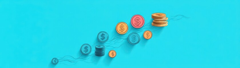 Poster - Coins flowing like a river into a bank, flat design, top view, financial security theme, cartoon drawing, Complementary Color Scheme