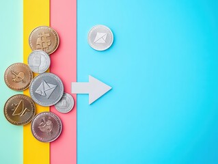 Aufkleber - Coins with a downward arrow flat design top view inflation theme 3D render Triadic Color Scheme