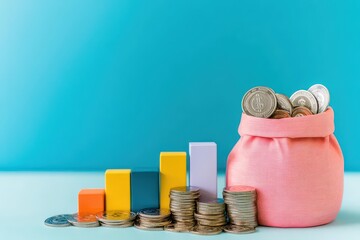 Poster - Coins with money bag and bar chart flat design top view wealth management theme 3D render Complementary Color Scheme