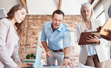 Poster - Man, group and architect with documents, office and circle for ideas, blueprint and solution with project. Team, women and scrum with discussion, creativity and writing notes for property at startup