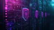 © taweesak - Cybersecurity guardian AI with glowing shields, protecting a digital vault, dark purple and black color scheme, lowangle shot, cyberpunk style