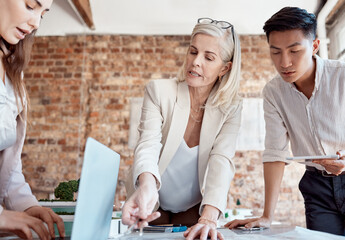 Poster - Woman, group and architect with documents, office and circle for ideas, blueprint and solution with project. Leader, point and scrum with tablet, creativity and laptop for property design at startup
