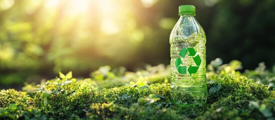 Sticker - A clear plastic water bottle with a green recycle symbol sits on a bed of moss in a sunny forest.