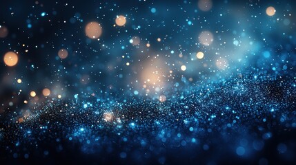 Poster - a shimmering blue and gold abstract background with sparkling particles illuminated in a dark space 
