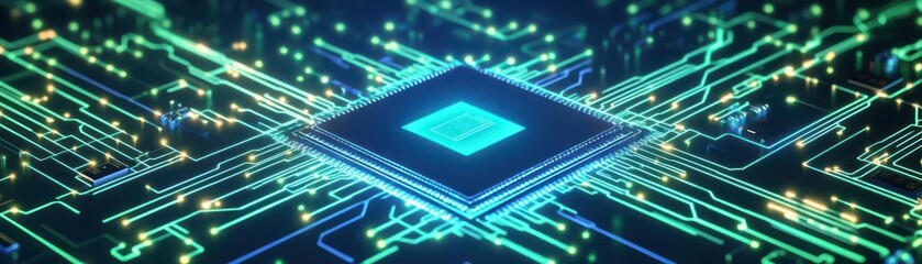 Poster - Digital circuitry with glowing green and blue lines, futuristic AI chip at the center, neon glow, holographic layers floating, sleek and modern tech design