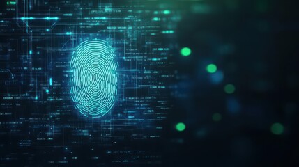 Poster - digital fingerprint scan unlocking encrypted data stream, glowing blue and green effects, photoreali