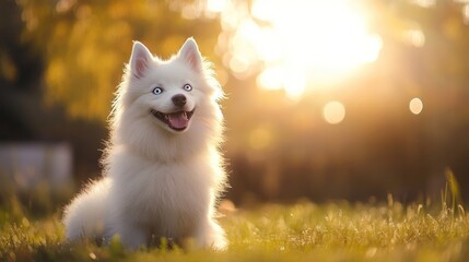 cute white dog with a smart gaze wearing a colorful bandana