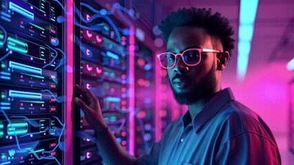 Leinwandbilder - A technician adjusts settings on data servers, surrounded by vibrant LED lights casting a colorful glow in a high-tech data center. The atmosphere conveys a blend of innovation and technology.