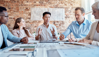 Poster - Man, discussion and architect in meeting, office and circle for ideas, blueprint and solution with project. Team, group and scrum with floor plan, creativity and diversity for property at startup