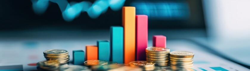 Poster - Financial success, growing bar charts and coins, 3D illustration