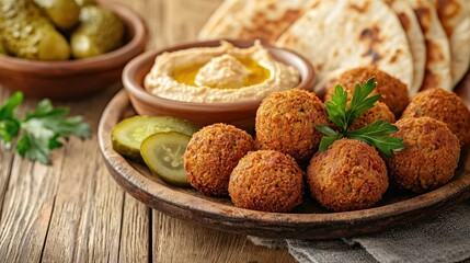 Poster - Close-up of a falafel platter with hummus, pita bread, and pickles. 