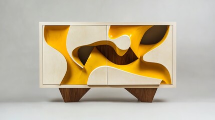 A modern cabinet with abstract, asymmetrical doors and bright yellow details on a light ivory background