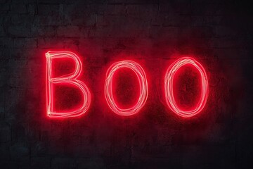 Bright red neon sign reading 'Boo' against a dark background, perfect for Halloween-themed decorations or spooky concepts.