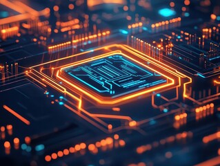 Fototapete - Futuristic neon circuit board with complex geometric shapes, holographic AI components, glowing orange and blue lights, digital data processing, hightech feel