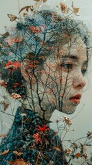 Woman's Portrait with Floral and Tree Overlays: A Dreamy and Surreal Art Photography