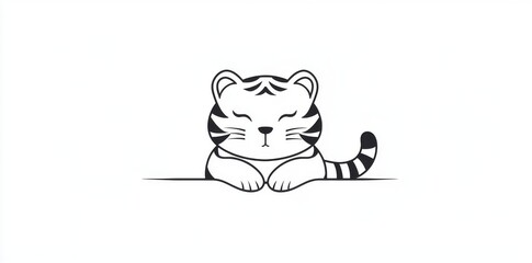 Wall Mural - A cartoon tiger looking out of a black linear design on white background isolated in continuous line art style. A modern illustration of a tiger.