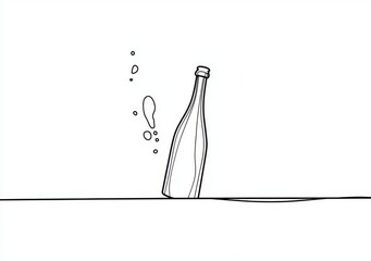 This is a one-line isolated modern object champagne bottle with shooting cork - PNG image with transparent background