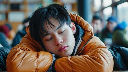Poster - A young man with short hair rests his head on his arms, dressed in an orange jacket. The warm library setting features bookshelves and fellow students quietly studying.