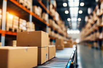 Fototapete - Modern distribution warehouse with conveyor belts, packages flowing smoothly